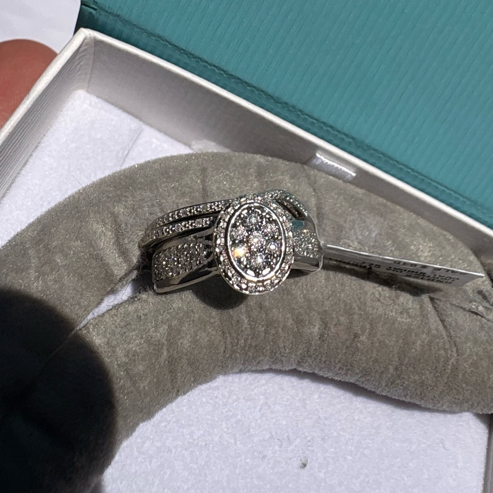 925 Sterling Silver Real Diamond 1/3 CTW Ova Bridal Ring Set Size7 Wedding Band